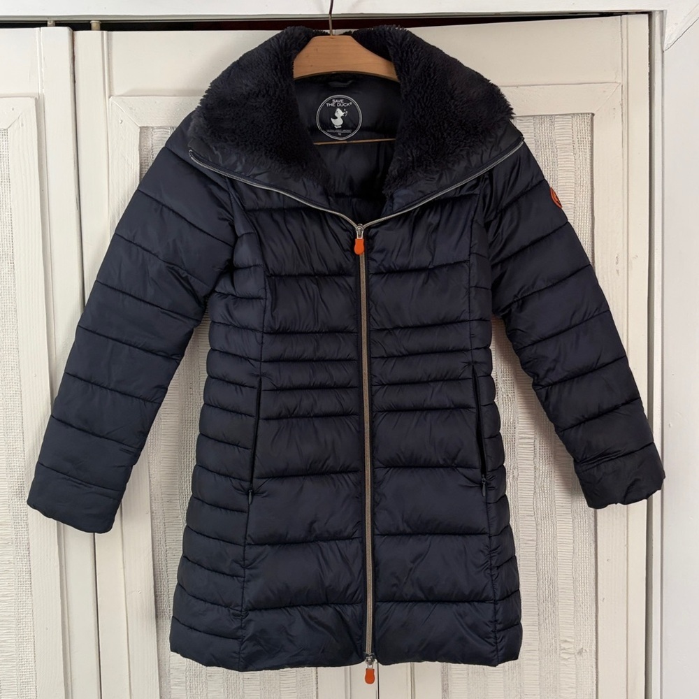 SAVE THE DUCK Long Quilted Jacket Girl Size 10 in navy